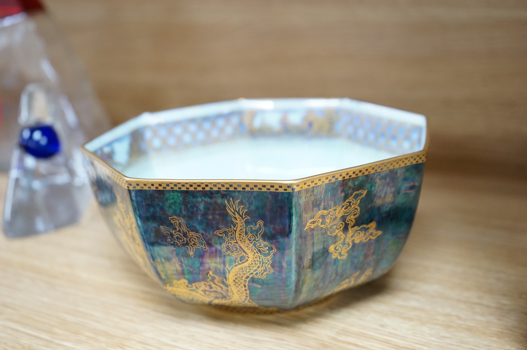 A Wedgwood octagonal lustreware ‘dragon’ bowl, designed by Daisy Makeig Jones, pattern number Z4831, 20cm wide